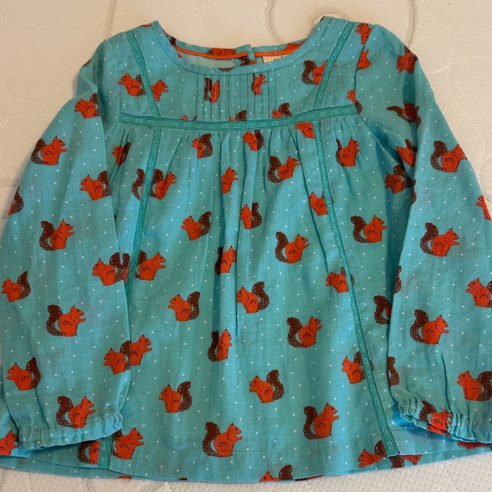 Blue Long Sleeve Blouse sz 4/5 with Orange Squirrel Print euc